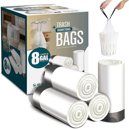 FORID Medium Drawstring Trash Bags - Plastic Garbage Bags 8 Gallon (30 Liter) White Disposable Can Liners for Kitchen Bedroom Bathroom Home Office (120 Counts) - Durable & Thick Trash Bags - NeatNest