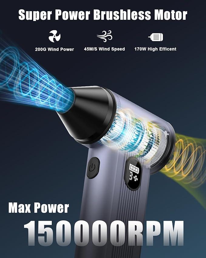 Compressed Air Duster with150,000RPM Brushless Motor, 8000mAh Battery, LED Light, 4-Gear Adjustable Electric Air Blower for Home, Car, Computer, Outdoor - NeatNest