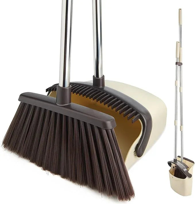 Broom and Dustpan Set with Long Handle, Heavy Dust Broom and Dustpan Combo for Home，Kitchen, Office, Pet Hair(Beige) - NeatNest