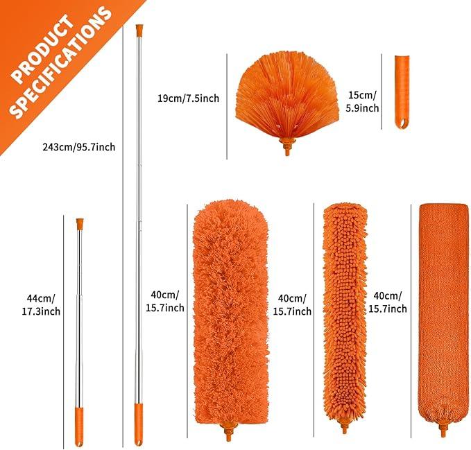 Cobweb Duster with Extension Pole,Cleaner Outdoor 110" Telescoping Extended Sspider Brush, Dusting Kit,Long Handle Reach for High Ceilings and Fans,Microfiber Webster Remover Tools Feather Dusters - NeatNest