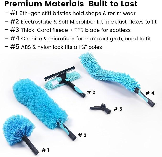 Ceiling Fan Duster Kit – 5-in-1 Bendable & Dual-Sided Heads – Washable Dusters for High Ceiling, Fans, Corners, Glass – Fits Standard ¾ Pole – Blue Cleaning Set - NeatNest