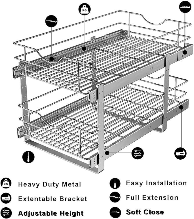 2 Tier Pull Out Cabinet Organizer,(20½"W x 22" D) Soft Close Slide Out Drawer For Kitchen Base Cabinet, Individual Pull Out Shelf, Roll Out Pantry Organization, 22 Inch Deep - NeatNest
