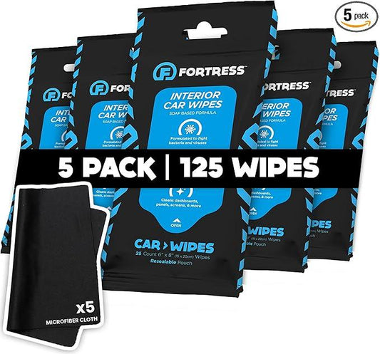 Fortress Car Wipes with Microfiber Cloth (25 ct, Pack of 5) for Interior Cleaning, Dashboard, Seats, Detailing, Steering Wheel [Travel Size] Skin-Safe Cleaner Supplies - NeatNest