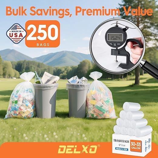 DELXO 30-33 Gallon Trash Bags, 250 Count Heavy Duty Large Clear Garbage Bags, Thick Durable and Puncture-Resistant Plastic Bags for Kitchens, Yards & Offices, Made in USA - NeatNest