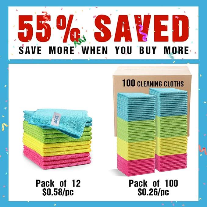 HOMEXCEL Microfiber Cleaning Cloth,100 Pack Cleaning Rags, Cleaning Towels with 4 Color Assorted, 11.5"X11.5" Shop Towels (Green/Blue/Yellow/Pink) - NeatNest