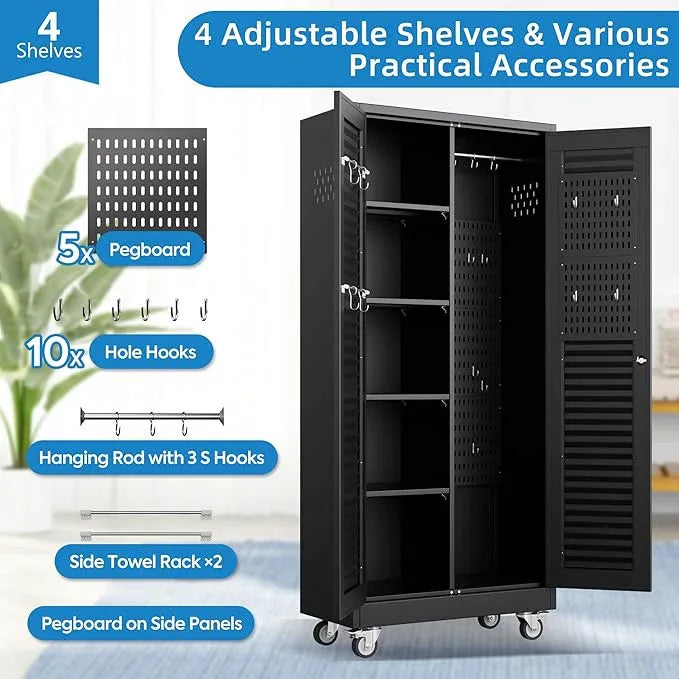 SUXXAN Broom Closet with Wheels 71"x 31.5"x15.75", Metal Cleaning Cabinets with Louvered Doors Hooks and Hanging Rods, Lockable Cabinet with Pegboard, Adjustable Shelf,for Garage, Laundry Room - NeatNest