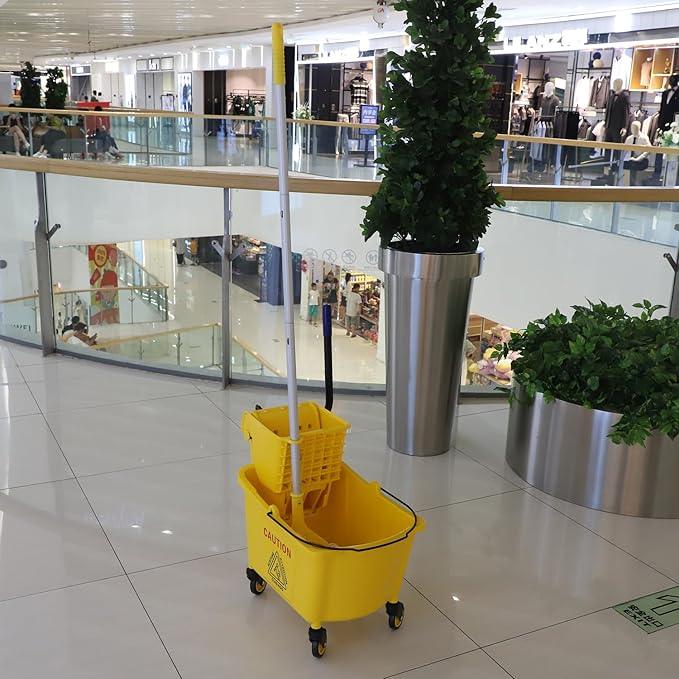 Commercial Mop Bucket with Side Press Wringer on Wheels, 35Qt,Yellow Including One Commercial Mop - NeatNest
