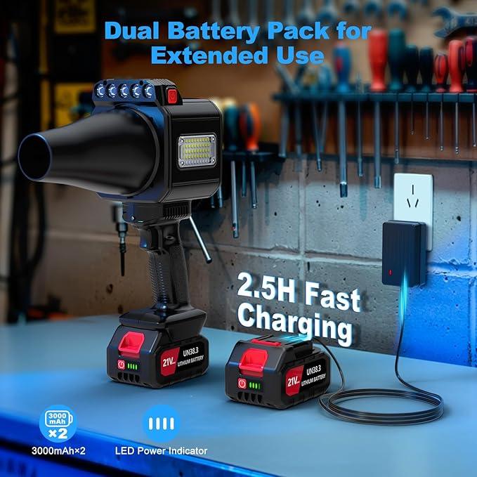 DEGGE Brushless Leaf Blower Cordless, Handheld Leaf Blowers with LED Work Light, Two Interchangeable Nozzles, Turbo Jet Blower for Lawn Care, Patio Cleaning, Garage Dust & Outdoor Use - NeatNest