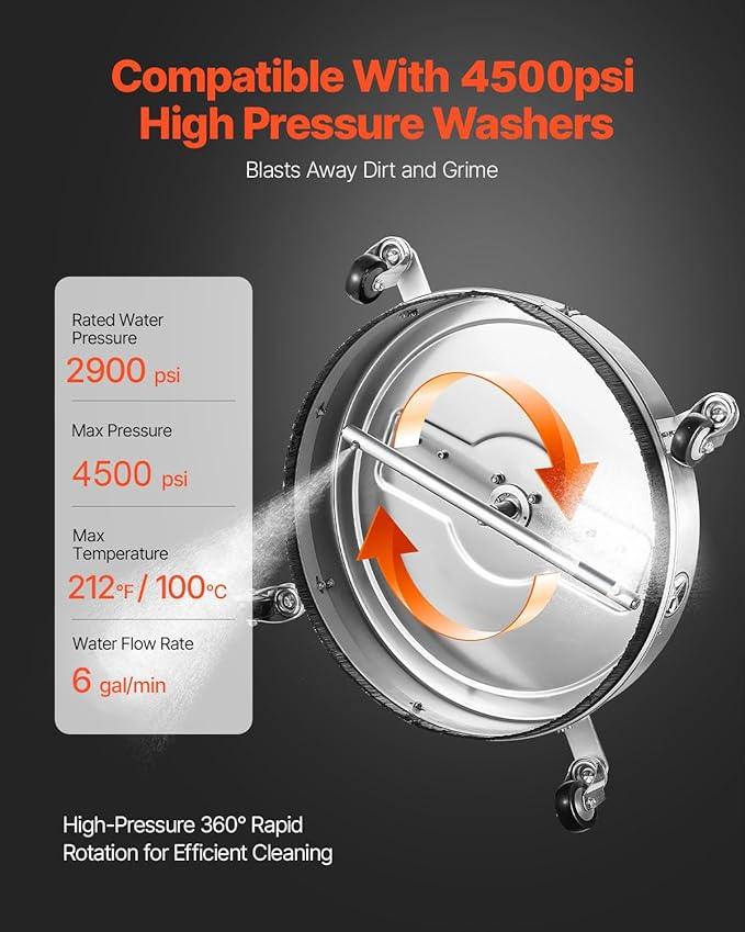 VEVOR 22" Pressure Washer Surface Cleaner, Stainless Steel Pressure Washer Attachments with 4 Wheels, 4500 Max PSI, 3/8 Quick Connector, 2 Spray Nozzles, Dual Handle, for Concrete, Patio, Sidewalk - NeatNest