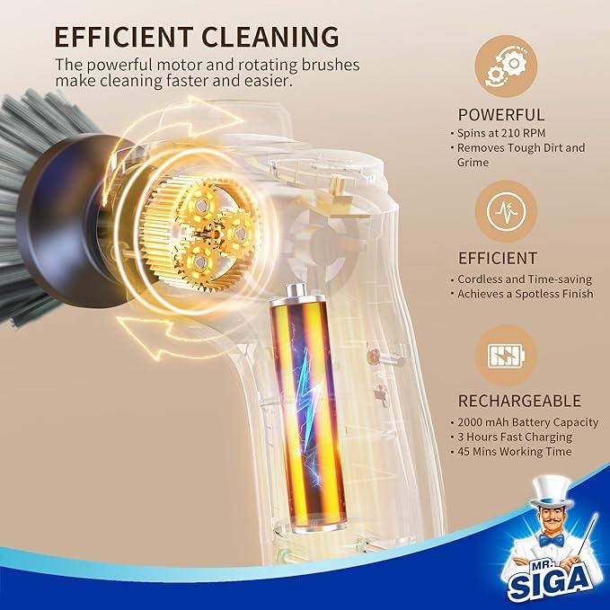 MR.SIGA Electric Spin Scrubber for Kitchen and Bathroom Cleaning, Waterproof Rechargeable Cordless Spin Scrubber with 5 Replaceable Cleaning Brushes and Pads - NeatNest