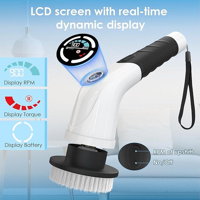 Electric Spin Scrubber, Cordless Cleaning Brush with 180 Min Runtime, 3-Speed, 7 Replaceable Brush Heads & Long Detachable Handle, LCD Display (RPM/Torque/Battery), for Bathroom, Kitchen, Tile - NeatNest