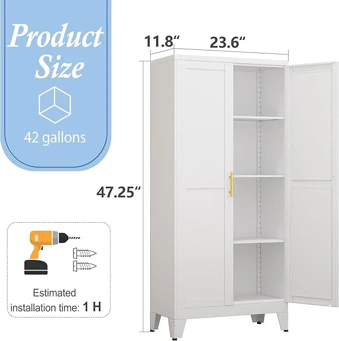 White Metal Storage Cabinet, 48" Steel Cabinets for Home Office, Kitchen Pantry Storage Cabinet with Doors and 3 Adjustable Shelves, for Office, Home, Garage, School - NeatNest