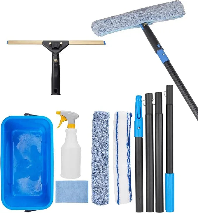Window Cleaning Kit with Storage Bucket, Window Squeegee with 4.13ft Extension Pole, Scrubber, Spray Bottle,Duster Cloth, Squeegee with Rotating Head, Professional Window Cleaning Tools - NeatNest
