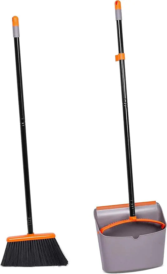 BirdRock Home Broom and Dustpan Set - Lobby Dust Pan - Orange and Grey Durable Set - Indoor or Outdoor - Sweep Combo Great for Kitchen, Home, Garage and Office - Clip On Self Cleaning Bristles - NeatNest