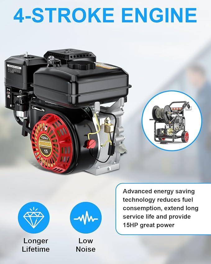 4400 PSI Gas Pressure Washer, Electric Start 296cc 15HP Engine 4GPM, Commercial Pressure Washers Includes Hose Reel, 50 FT 3/8 inch Hose, 5 Quick Connect Nozzles, Spray Gun and Wand - NeatNest