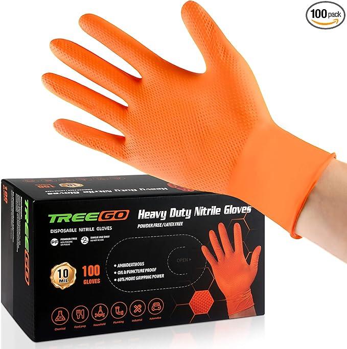 TREEGO Orange Nitrile Gloves 10 Mil Disposable Rubber Mechanic Gloves, Heavy Duty Diamond Grip for Automotive, Latex Free Industrial Work Gloves, 100 Count Large - NeatNest