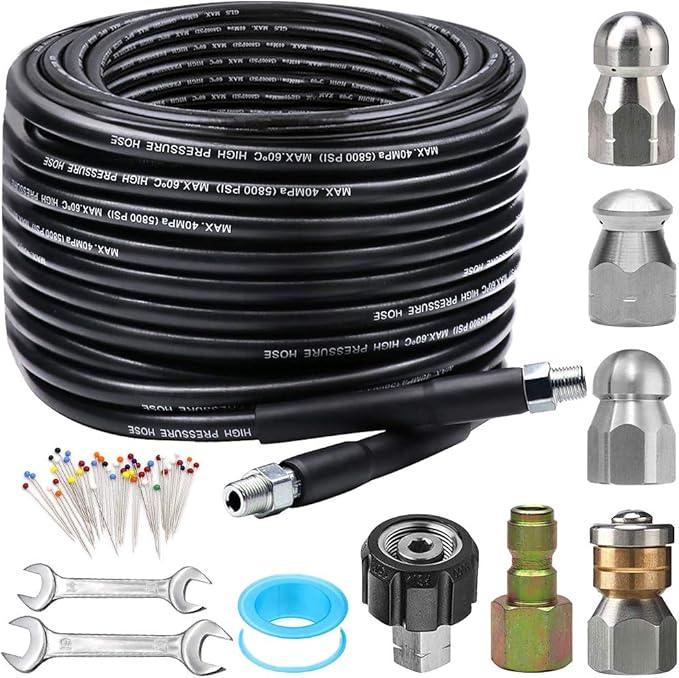 Sewer Jetter Kit for Pressure Washer 100FT, 5800PSI Drain Cleaner Hose 1/4 Inch NPT Corner, Rotating and Button Hose Sewer Jetting Nozzle Pearl Corsage Pin Waterproof Tape with 2 Spanner - NeatNest