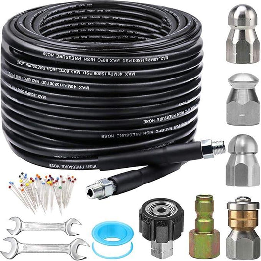 Sewer Jetter Kit for Pressure Washer 100FT, 5800PSI Drain Cleaner Hose 1/4 Inch NPT Corner, Rotating and Button Hose Sewer Jetting Nozzle Pearl Corsage Pin Waterproof Tape with 2 Spanner - NeatNest
