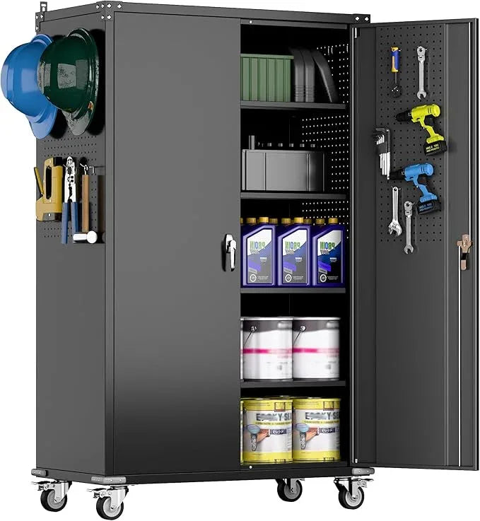 2025 Upgraded Wide & Deep Garage Storage Cabinet with Wheels, Lockable Metal Storage Cabinet with Pegboards and 9 Hooks, 2 Tool Pouches for Garage,4 Adjustable Shelves (Black,43''W x 22''D x 72''H) - NeatNest