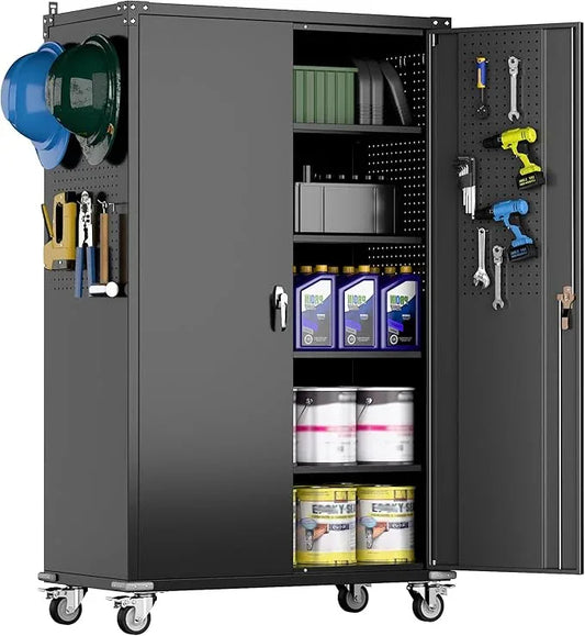 2025 Upgraded Wide & Deep Garage Storage Cabinet with Wheels, Lockable Metal Storage Cabinet with Pegboards and 9 Hooks, 2 Tool Pouches for Garage,4 Adjustable Shelves (Black,43''W x 22''D x 72''H) - NeatNest