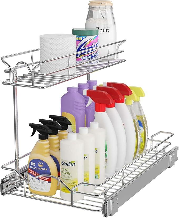 OCG Under Sink Cabinet Organizer Two Tier Pull Out Shelf (11.75W x21D), Under Sink Sliding Shelf for Kitchen Bathroom Cabinet 2 Tier Chrome - NeatNest