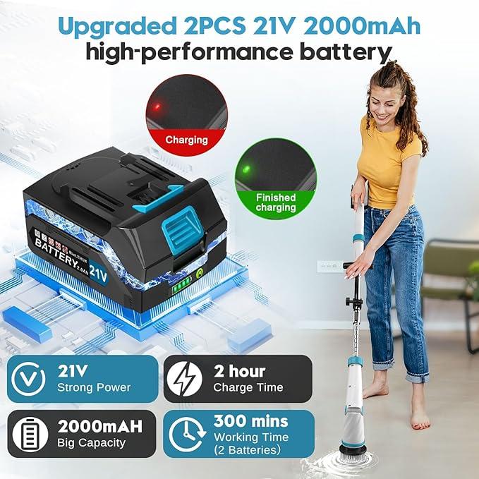 1500RPM Electric Spin Scrubber, 8 Brush Heads Electric Scrubber for Cleaning, Shower Scrubber with Long Handle and Two Battery, High Power Scrubber with Display for Bathroom/Tub/Floor - NeatNest