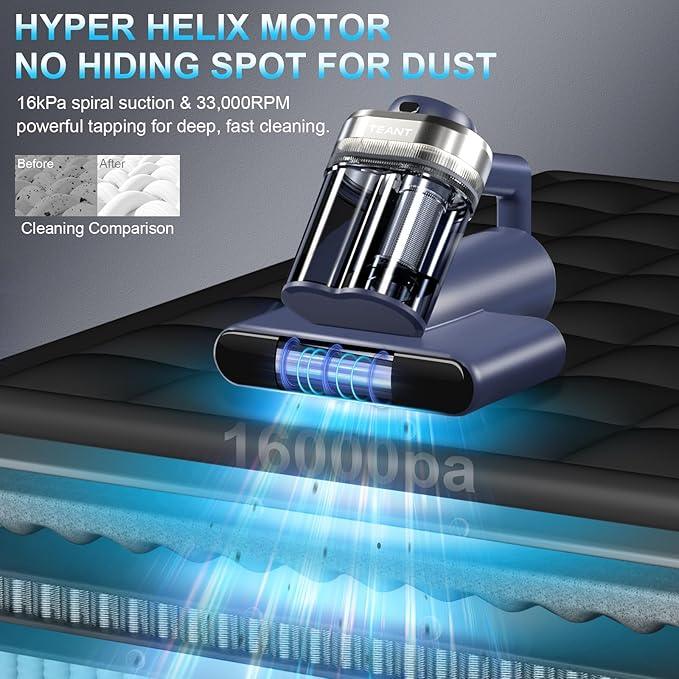 Mattress Vacuum Bed Vacuum Cleaner with 253.7nm UV-C Light, Hyper Helix Motor with 16kPa Strong Suction & 33000 RPM/Min Tapping, HEPA Filter, 149℉ Heat & Ultrasonic & Anion for Bed and Pet - NeatNest
