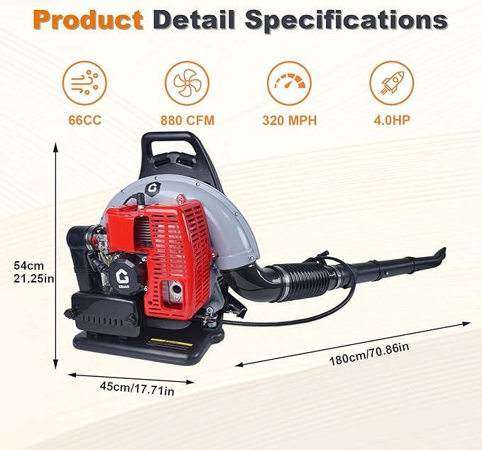 66CC Backpack Blower, 4-HP 2-Cycle Gas Leaf Blower with 880 CFM & 320 MPH, Backpack Leaf Blower, Powerful Clearing Performance for Wet Leaf & Debris Clean & Snow Removal - NeatNest