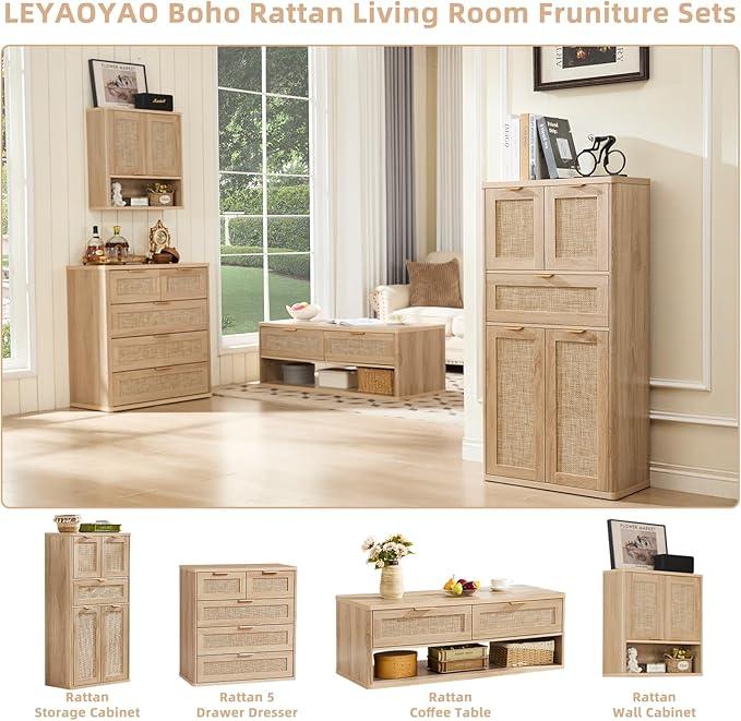 LEYAOYAO 48" Tall Storage Cabinet,Rattan Bathroom Floor Cabinets with 4 Doors & 1Drawer,Boho Kitchen Pantry with Adjustable Shelves,Wooden Cupboard for Living Room,Home Office,Dining,Natural Wood - NeatNest