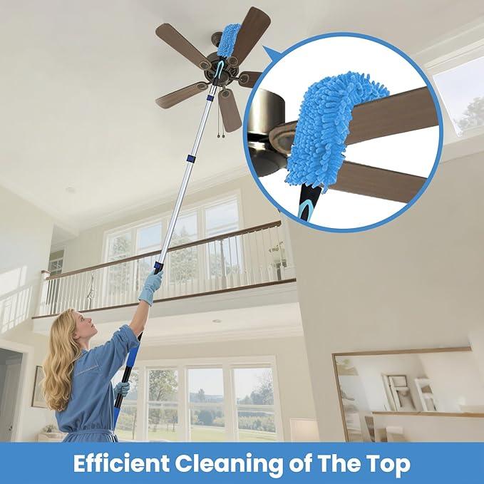 30ft High Ceiling Duster Kits with 5-24ft Heavy Duty Extension Pole - Fan Blade Cleaner, Cobweb Remover & Blue Window Squeegee Kit, Washable Dust Brush for High Roof and Glass Surfaces - NeatNest