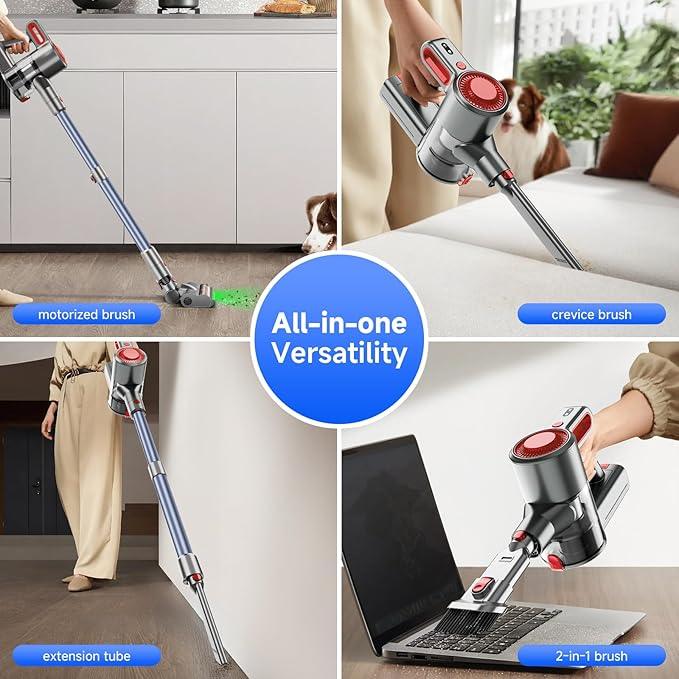 Cordless Vacuum Cleaner for Home, Powerful Stick Vacuum with Rechargeable Battery, Green Light Anti-Tangle Brush, 6-in-1 Lightweight Handheld Vacuum for Pet Hair, Hard Floor, Carpet, Red - NeatNest