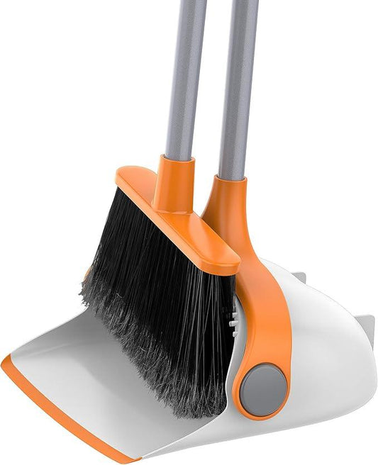 MR.SIGA Broom and Dustpan Set with Long Handle, Stand Upright Broom with Dustpan Combo for Cleaning Office, Garage, Lobby, Lightweight Sweeping Set, 51.7"(131 cm) Long Handle, White & Orange - NeatNest