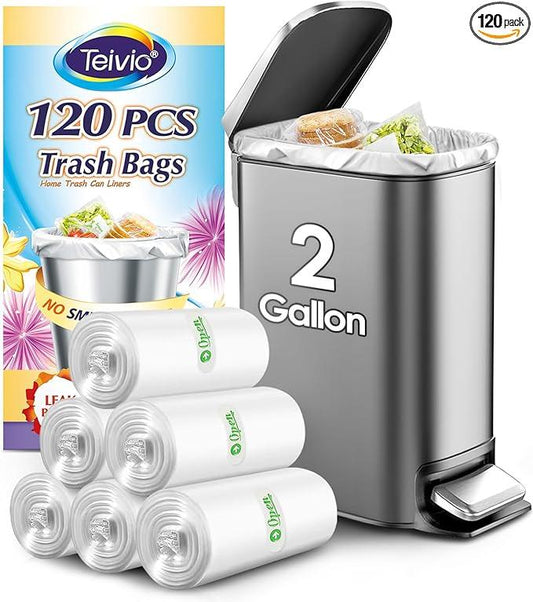 2 Gallon 120 Counts Strong Trash Bags Garbage Bags by Teivio, Bathroom Trash Can Bin Liners, Plastic Bags for home office kitchen, Clear - NeatNest