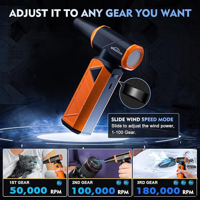 WHATOOK Updated Compressed Air Duster: Air Blower with Stepless Speed Regulation Mode, 180000RPM Electric Air Duster with Brushless Motor, Air Duster for Keyboard, PC, Car and Home Cleaning（Orange） - NeatNest