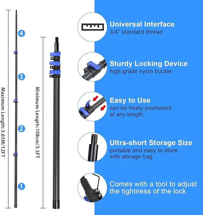 18 Foot High Ceiling Duster Kits with 3.5-12 FT Carbon Fiber Extension Pole, Feather Duster, Cobweb Duster, Ceiling Fan Duster, Window Squeegee & Cleaner with Pole 12 Ft - NeatNest