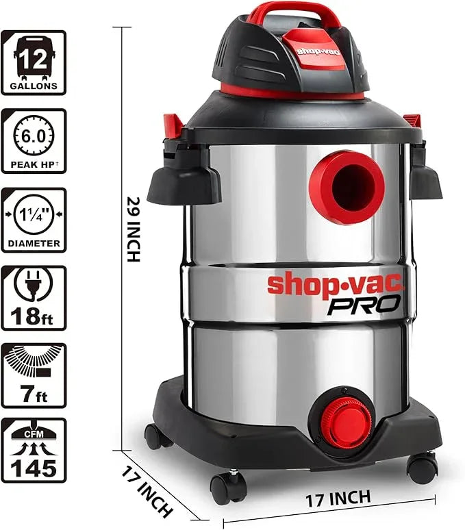 Shop-Vac 12 Gallon 6.0 Peak HP Wet/Dry Vacuum, Stainless Steel Tank, 3 in 1 Function Portable Shop Vacuum with Attachments, Drain Port, Ideal for Jobsite, Garage & Workshop. 5926211 - NeatNest