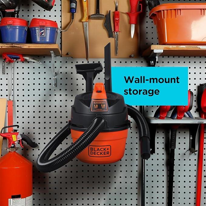 BLACK+DECKER Shop Vacuum Wet and Dry, Small Shop Vac with Accessories, 1 Gallon 1.5 Peak HP, Wall Mount Mini Vacuum for Garage, Home and Pet, 60CFM (BDXV18101P-1H) - NeatNest