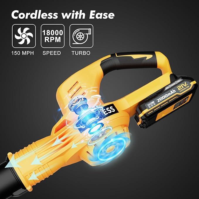 Leaf Blower Cordless with 2 Batteries and Charger, 21V Electric Leaf Blower with 2 Speed Modes, 2.0Ah Lightweight Battery Powered Blowers for Lawn Care, Patio, Blowing Leaves - NeatNest