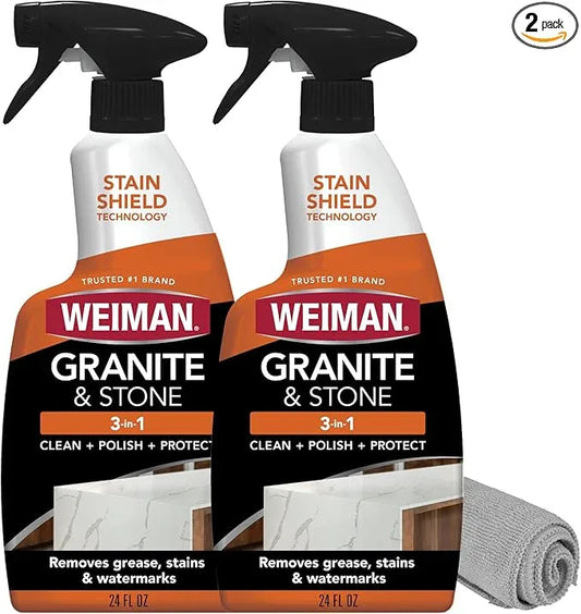 Weiman Granite and Stone Cleaner 3-in-1, Removes Grease, Stains & Watermarks, Streak-Free Formula with Stain Shield Technology, Safe on Marble, Quartz, Tile, Granite, Quartzite & Slate - NeatNest