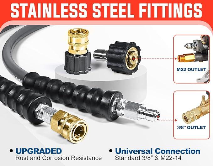 YAMATIC Non Marking 3/8" Pressure Washer Hose 125FT 4200 PSI, Kink Resistant Swivel 3/8" Quick Connect, Rubber Steel Braided Wear Resistant Industry Grade for Hot/Cold Water Gas Power Washer - NeatNest