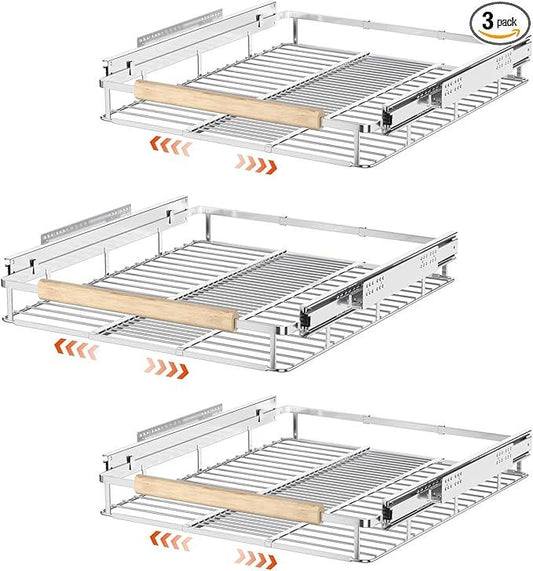 SANNO Pull Out Cabinet Organizer, Cabinet Shelf Kitchen Under Sink Shelf, Expandable Drawer Shelves with Sliding, Steel Metal Cabinet Drawers Slide Out, Chrome Finish - NeatNest