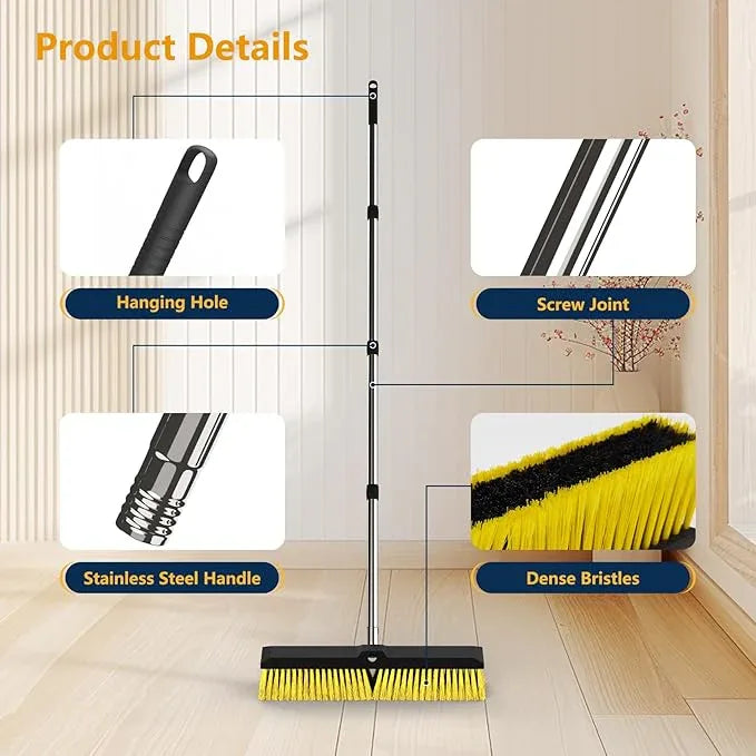 18 Inches Push Broom Outdoor with 65" Adjustable Handle, Heavy Duty Outdoor Broom with Stiff Bristles, for Cleaning Yard, Garage, Shop, Driveway, Wood, Stone, Deck, Concrete, and Tile Floor. - NeatNest