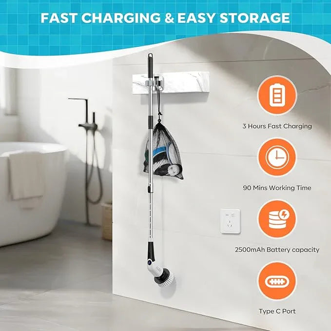 YKYI Electric Spin Scrubber,Cordless Cleaning Brush,Shower Cleaning Brush with 8 Replaceable Brush Heads,Power Scrubber 3 Adjustable Speeds,Adjustable & Detachable Long Handle,Voice Broadcast - NeatNest