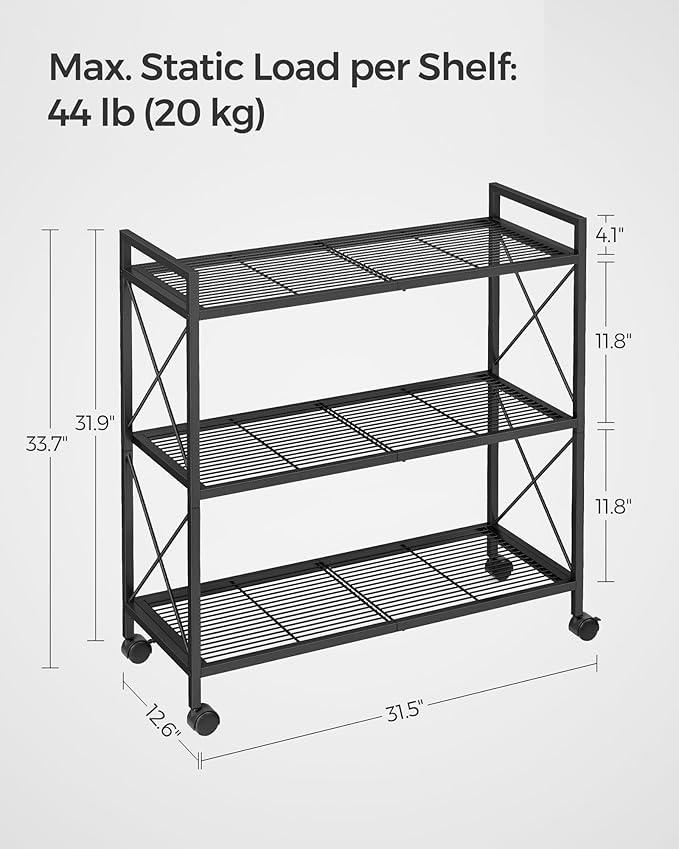 SONGMICS 3-Tier Metal Storage Rack with Wheels, Mesh Shelving Unit with X Side Frames, 31.5-Inch Width, for Entryway, Kitchen, Living Room, Bathroom, Industrial Style, Black UBSC183B01 - NeatNest
