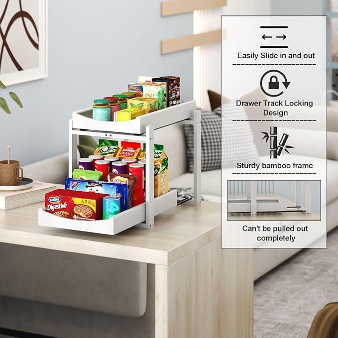 Bamboo Under Sink Organizer and Storage, 2 Pack Pull Out Cabinet Organization, 2 Tier Vertical Slide Out Undersink Storage Shelf, Multi-Purpose Organizer Shelves for Kitchen Bathroom Medicine, White - NeatNest