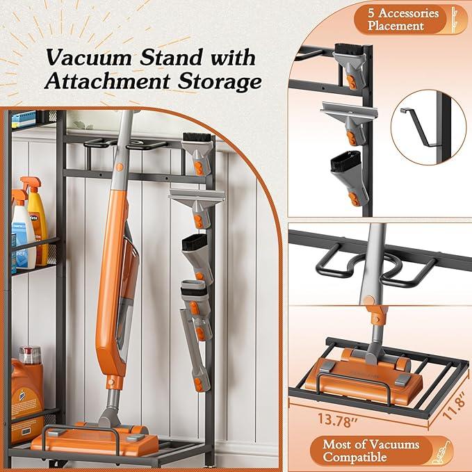 Broom Holder with Cleaning Supplies Organizer, Broom Closet Storage Cabinet with Cleaning Caddy Vacuum Stand, Cleaning Cart with Mop Hanger Gripper Rack Hook, Laundry Room Organization Home Essentials - NeatNest