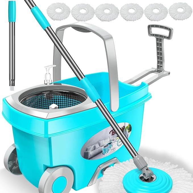 FunClean Spin Mop and Bucket,Mop and Bucket with Wringer Set for Home,360 Spinning Mopping Floor Cleaning Tool with 6 Microfiber Replacement Head Refills,61" Extended Handle, 2X Wheel - Blue - NeatNest