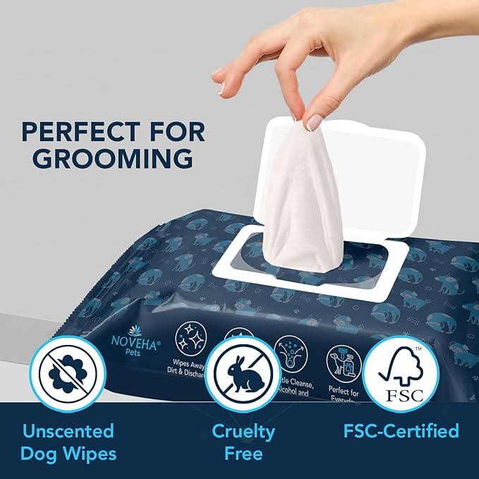NOVEHA 360PCs Dog Wipes - Odor Eliminating and Cleaning Grooming Wipes for Dog's Paws, Body, and Butt - Perfect for Puppy and Adult Dogs - Plant-Based, Safe, Convenient & Large Unscented Wipes - 3pack - NeatNest