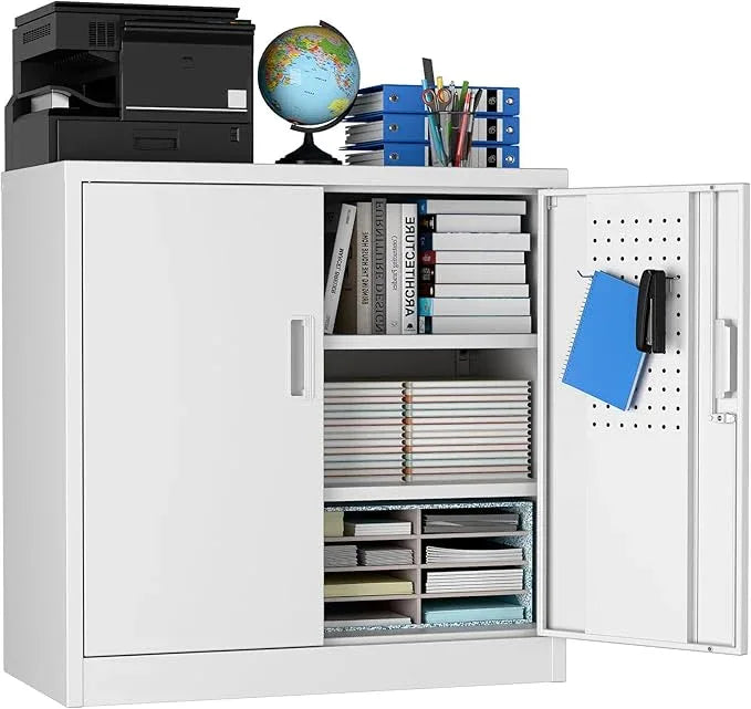 SUXXAN Metal Storage Cabinet with Pegboard 31.5'' x 31.5'' x 16.5'',Lockable Rolling Steel Storage Cabinet with 5 Adjustable Shelves and Door for Garage, Office, Kitchen, Assembly Required(White) - NeatNest