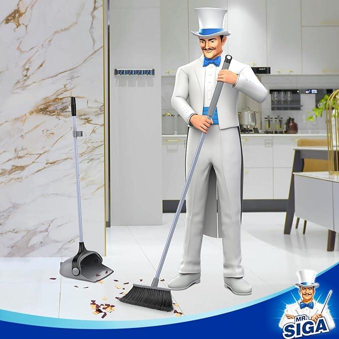 MR.SIGA Broom and Dustpan Set with Adjustable Long Handle, Upright Combo for Floor, Cleaning Lobby, Gray - NeatNest